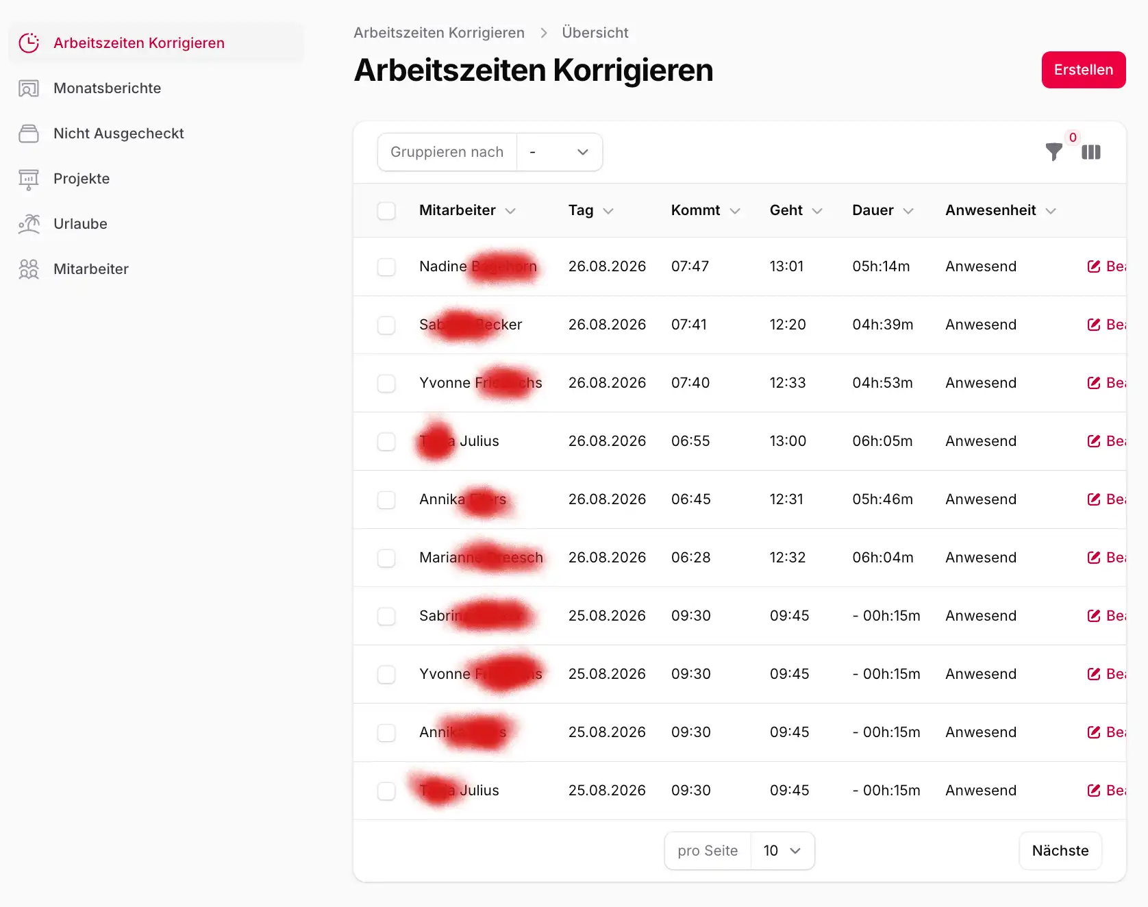 zeurp Vorarbeiter-Ansicht: Team-Übersicht mit Sollstunden und Überstundenstand